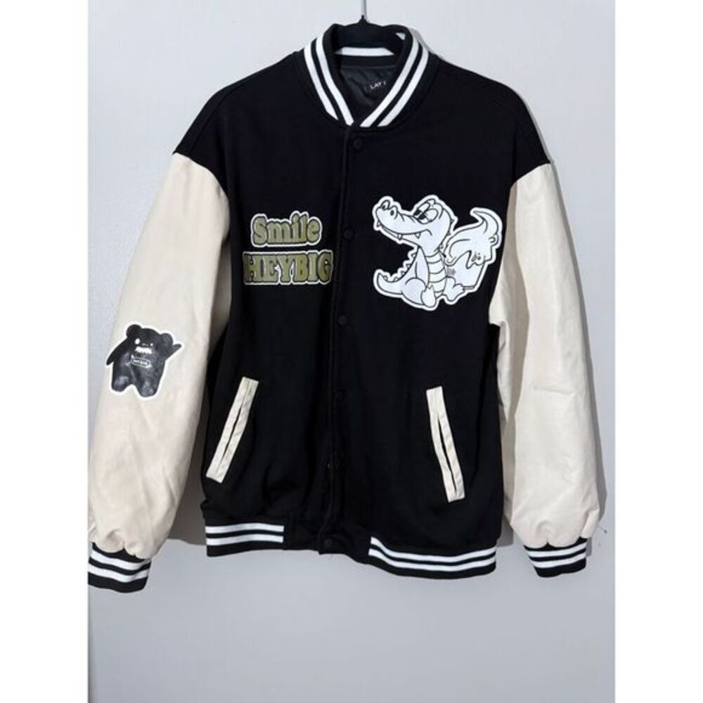 Lay Low Varsity Jacket Smile Big Crocodile Streetwear Black White Bomber